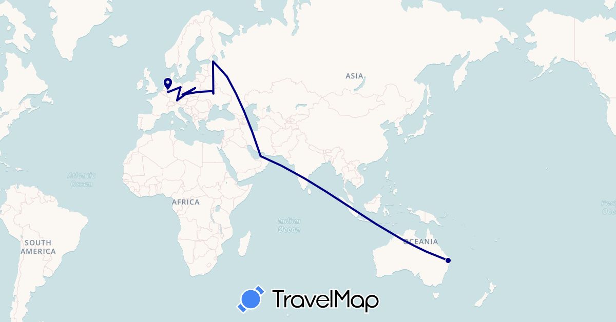 TravelMap itinerary: driving in United Arab Emirates, Australia, Czech Republic, Germany, Poland, Russia, Ukraine (Asia, Europe, Oceania)