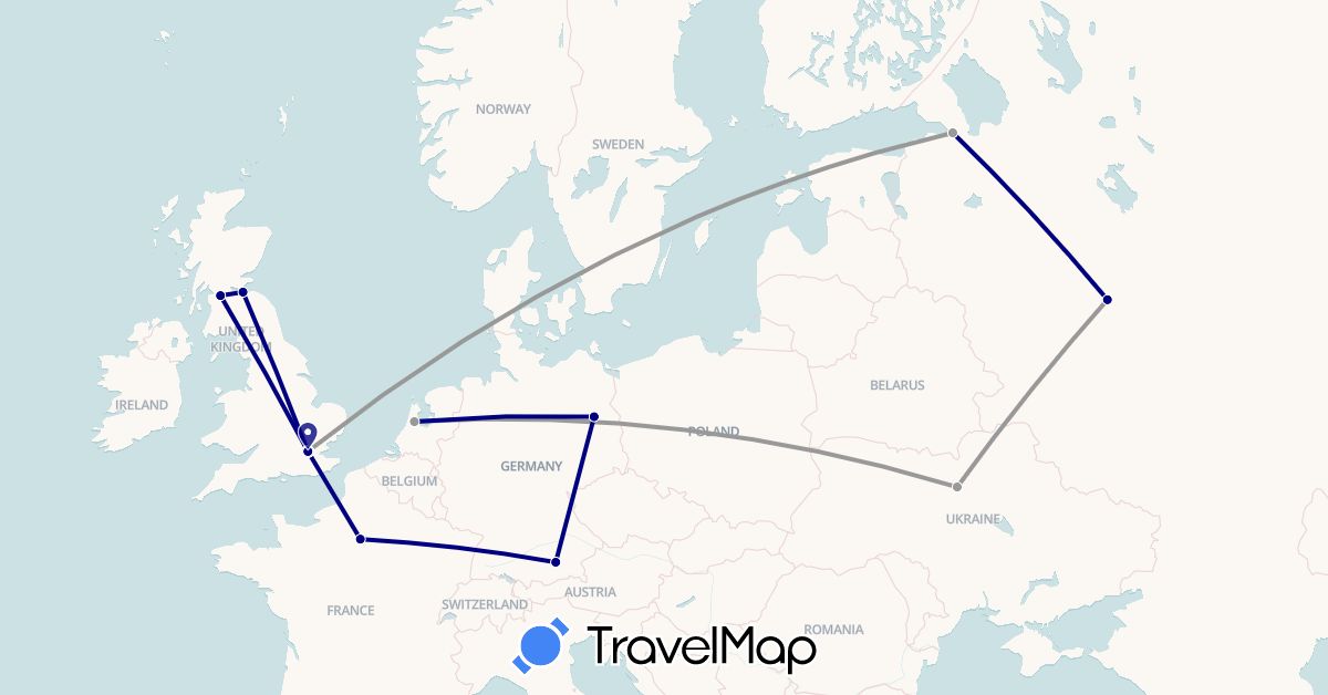 TravelMap itinerary: driving, plane in Germany, France, United Kingdom, Netherlands, Russia, Ukraine (Europe)
